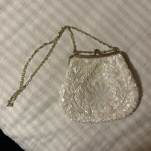 Made In Hong Kong Sequin Sparkle Beaded Pocket Clasp Bag With Gold Colored Chain